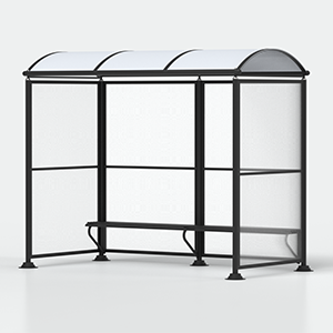 <strong>Variante:</strong<br> - con doppia panchina<br> - senza cestino gettarifiuti<br> - parete laterale destra aggiuntiva