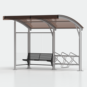  - senza bacheca<br> - con parete laterale sinistra<br> - panchina a sinistra<br> - con rastrelliera a destra da 3 posti bici