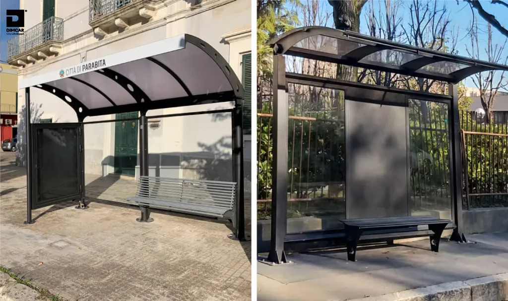 pensiline fermata autobus con panchine bando arredo urbano