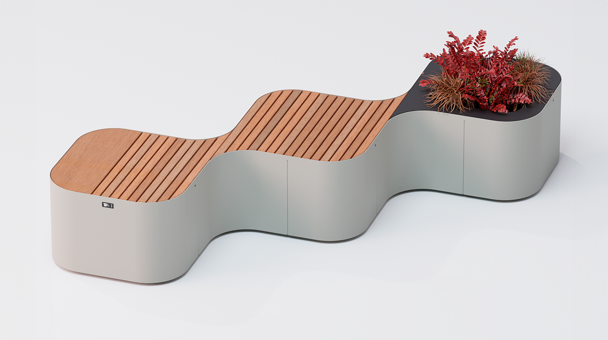 Pinch bench with 3 modules in line with two seats and planter