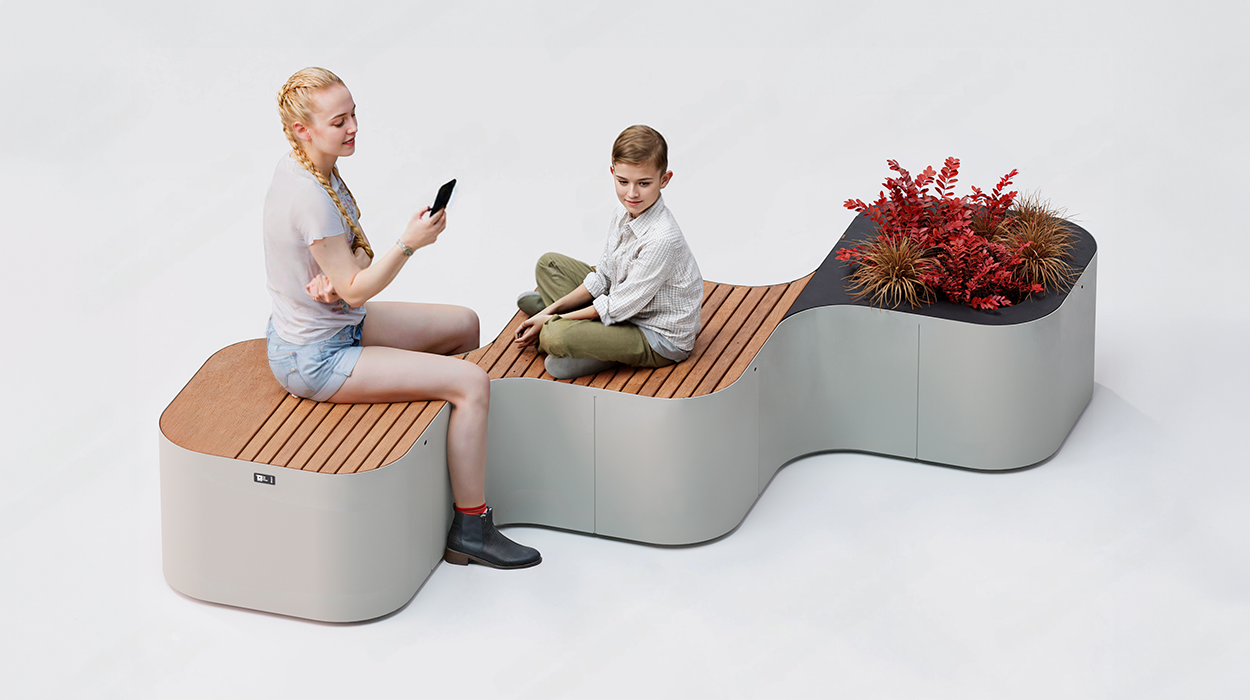 Pinch bench with 3 modules in line with two seats and planter