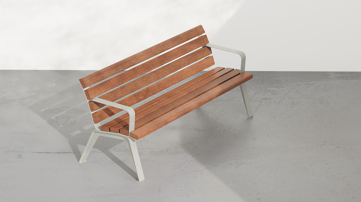 Betty bench with armrests and Okumè wood planks