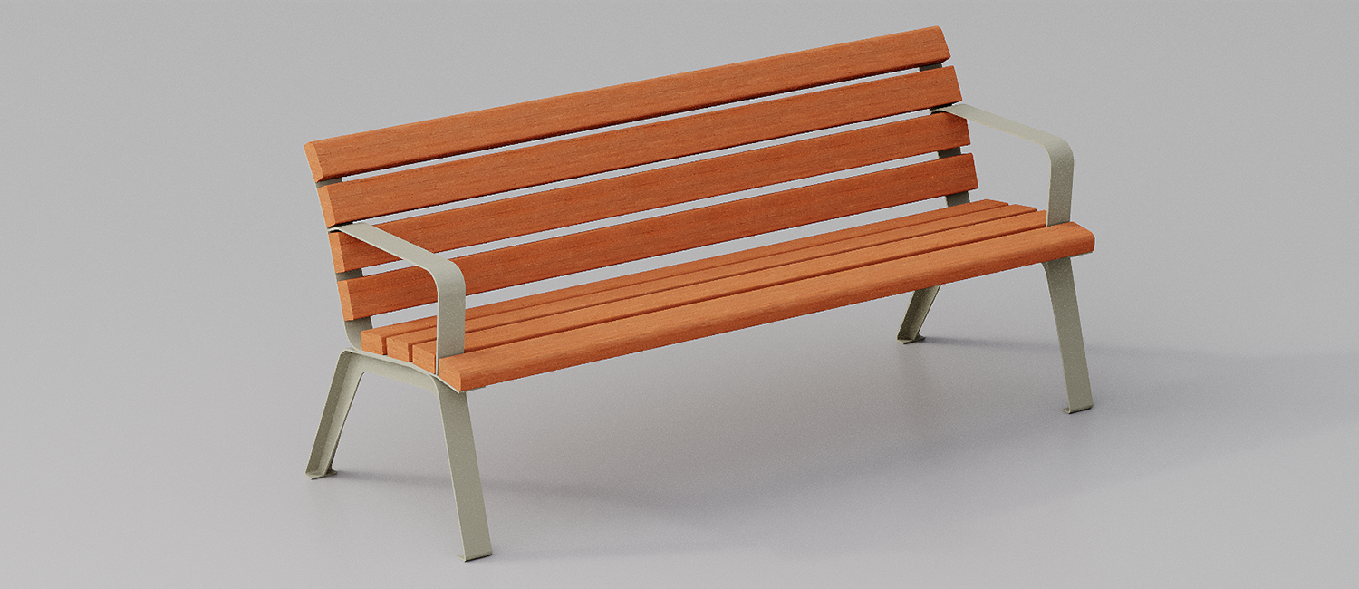 Betty bench with armrests and Okumè wood planks vista 1