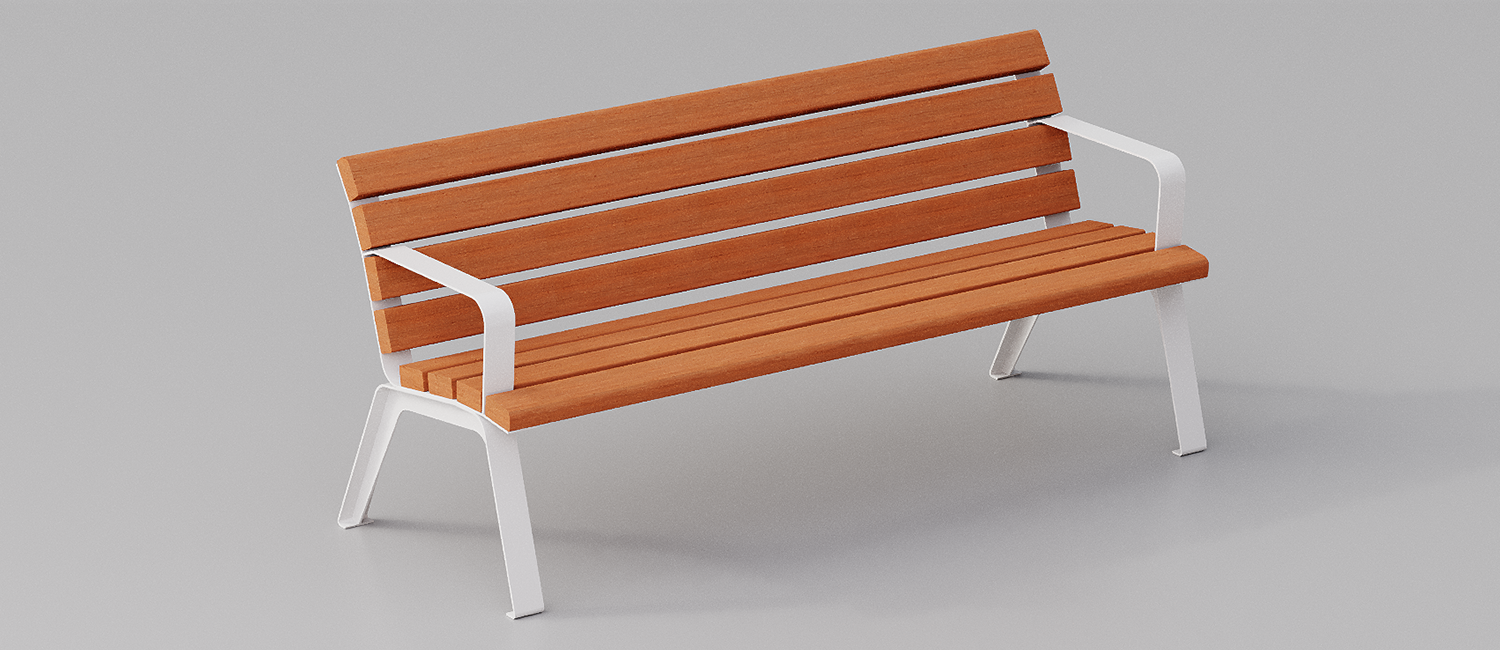 Betty bench with armrests and Okumè wood planks vista 2