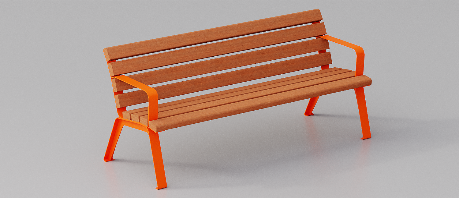 Betty bench with armrests and Okumè wood planks vista 3