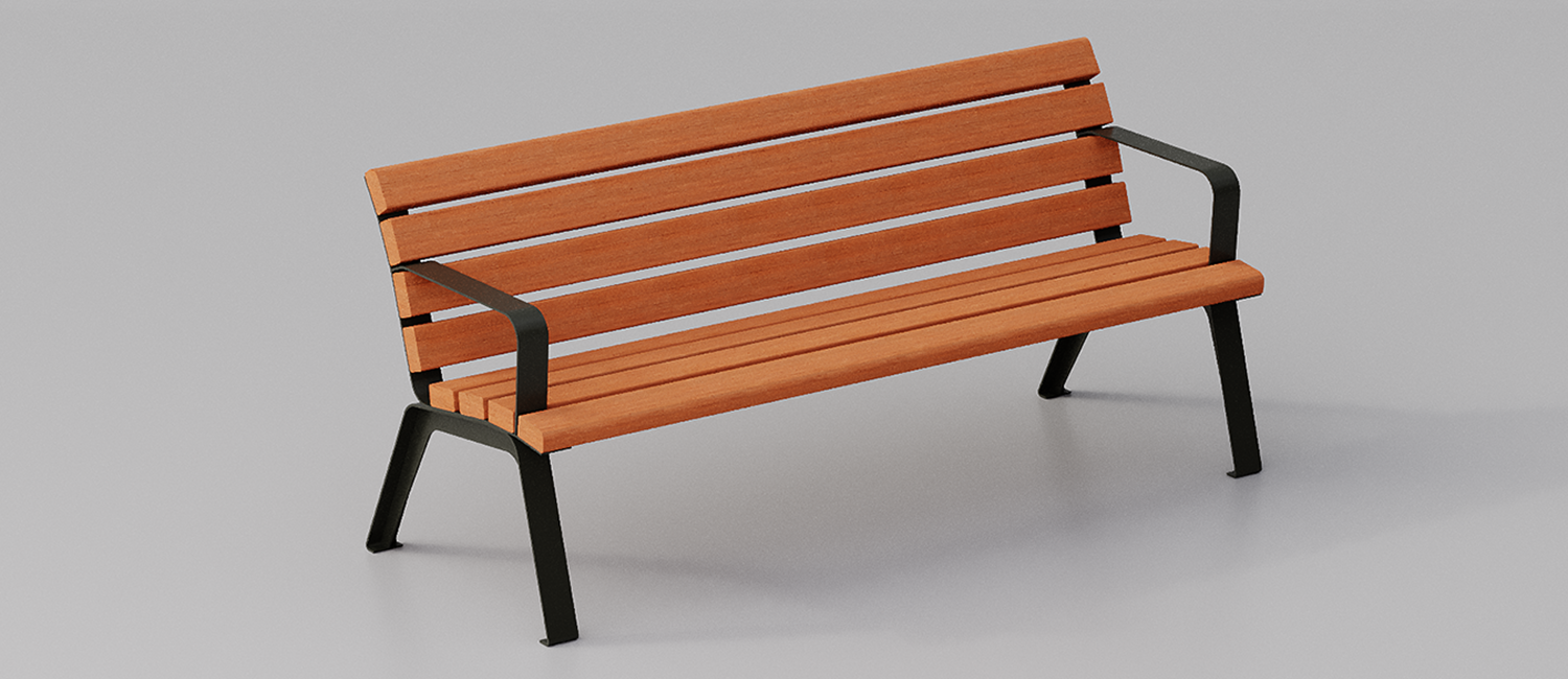 Betty bench with armrests and Okumè wood planks vista 4