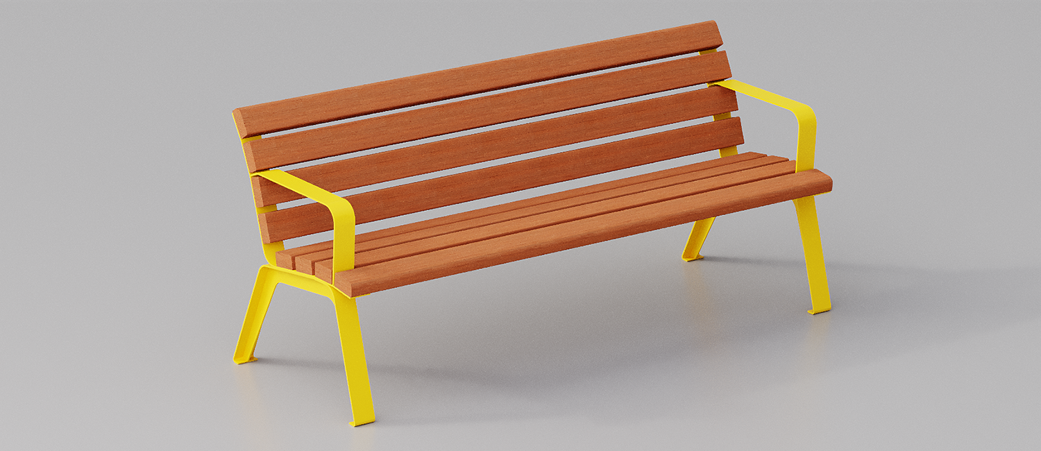 Betty bench with armrests and Okumè wood planks vista 5