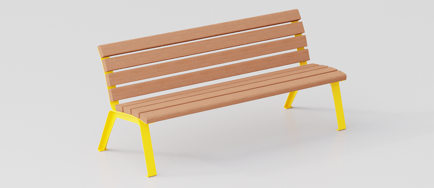 Betty bench with Okumè wood planks without armrest vista 1