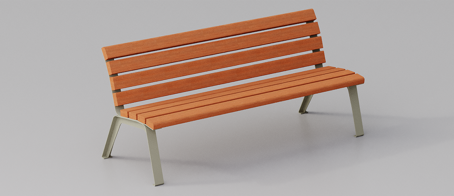 Betty bench with Okumè wood planks without armrest vista 2