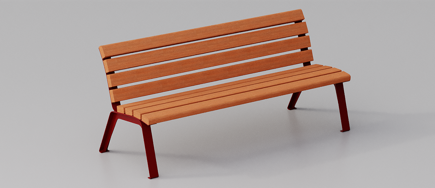 Betty bench with Okumè wood planks without armrest vista 3