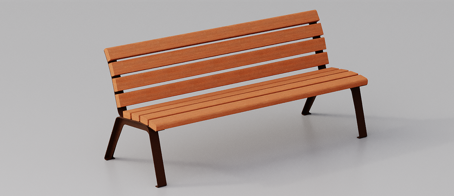 Betty bench with Okumè wood planks without armrest vista 4