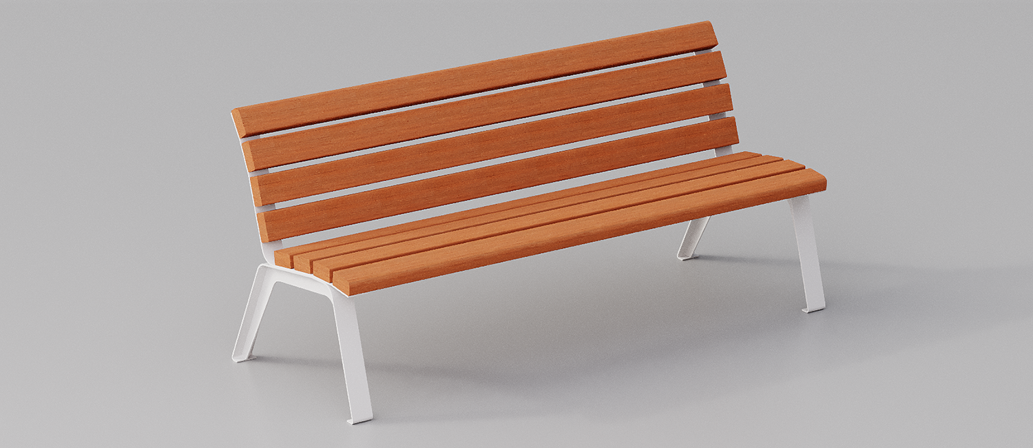 Betty bench with Okumè wood planks without armrest vista 5