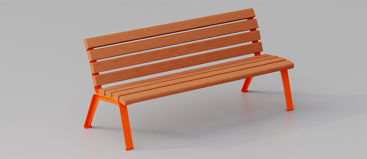 Betty bench with Okumè wood planks without armrest vista 6