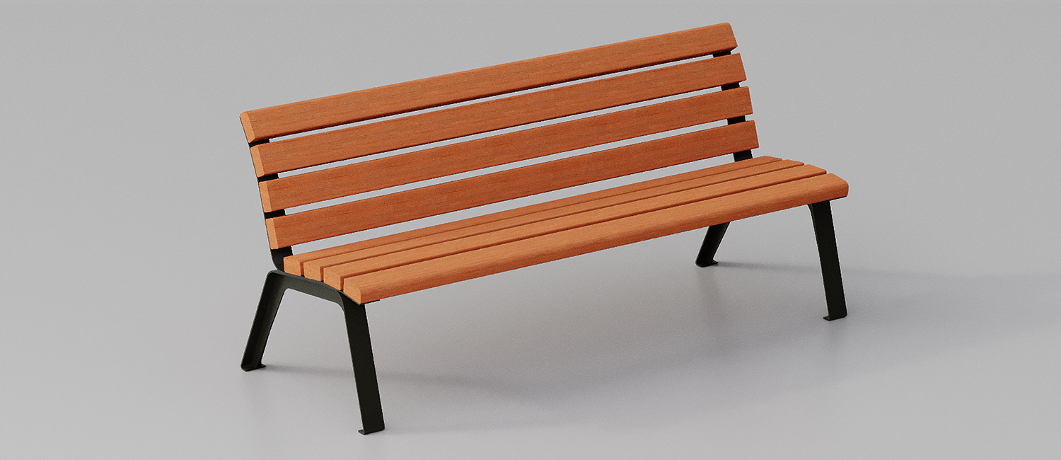 Betty bench with Okumè wood planks without armrest vista 7